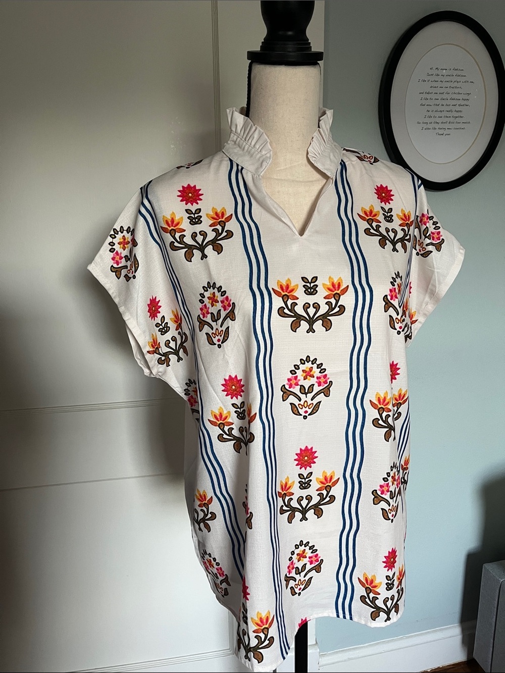 Off-White Floral Stripe Women's Top with Ruffle Collar